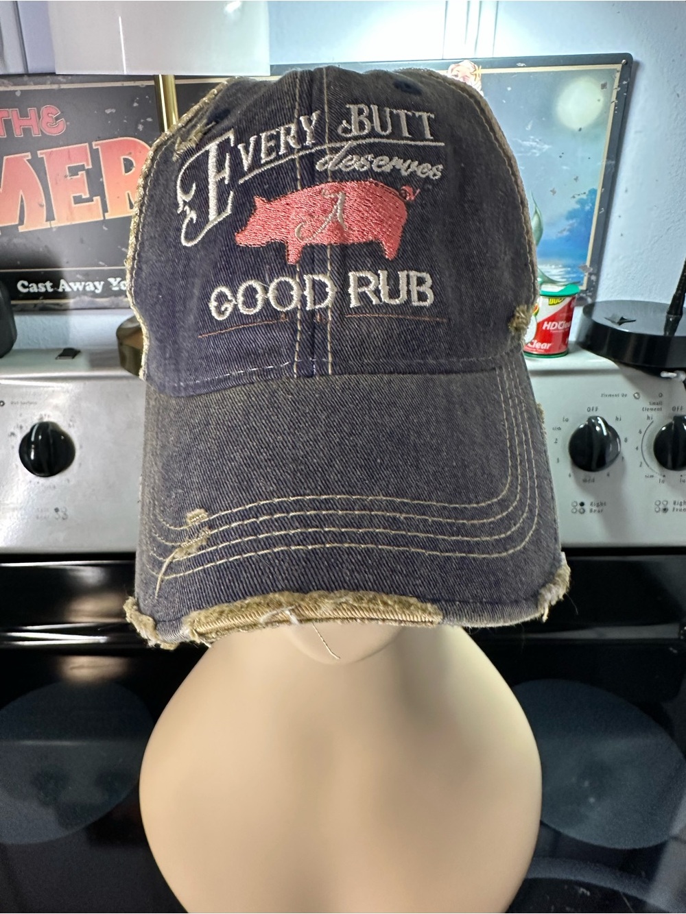 Stitches Distressed Dark Blue Baseball Cap with Red Pig Embroidery